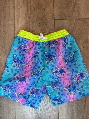 Chubbies Kids Neon Blue & Pink Dinosaur Print Swim Shorts